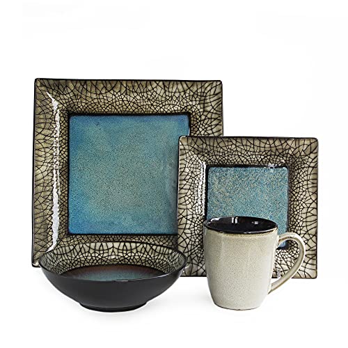 American Atelier Square Dinnerware Sets | Blue Kitchen Plates, Bowls, and Mugs | 16 Piece Stoneware Via Roma Collection | Dishwasher and Microwave Safe | Service for 4