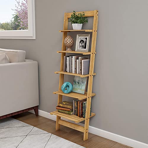 5-Tier Ladder Shelf – Wooden Narrow Leaning Book Shelf for Bedroom, Living Room, or Kitchen Shelving – Boho Home Decor by Lavish Home (Oak)