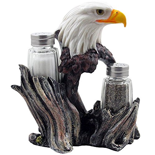 Bald Eagle Glass Salt & Pepper Shakers with Decorative Figurine Display Stand Set for American Patriotic Bar and Kitchen Decor Sculptures or Rustic Lodge Restaurant Tabletop Decorations and Wildlife Bird Gifts by Home-n-Gifts