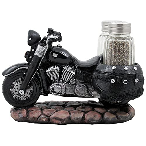 Classic Motorcycle Glass Salt and Pepper Shaker Set with Decorative Retro Road Hog Display Holder As Biker Bar and Kitchen Table Decorations for Vintage Chopper & Bike Riders or Gifts for Bikers