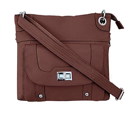 Concealed Carry Cross Body Leather Gun Purse with Locking Zipper (Brown)