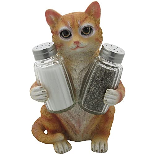 Orange Tabby Kitty Cat Glass Salt & Pepper Shaker Set with Holder Figurine in Decorative Pet Statues and Sculptures As Kitten Kitchen Table Decoration Gifts for Cat Owners by Home-n-Gifts