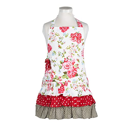 NEOVIVA Children Kitchen Aprons for Girls with Pocket for Matching Mother and Daughter Apron Set, Style Doris, Floral Lollipop Red