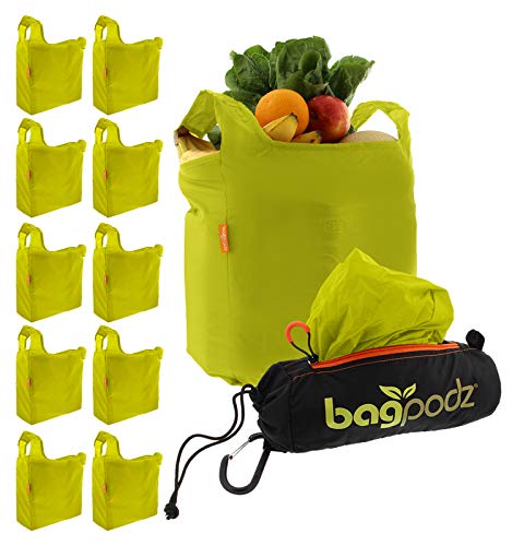 BagPodz Reusable Shopping Bags Inside a Compact Pod with Carry Clip RipStop Nylon Holds 50lbs Very Sturdy, 10 Pack in Green