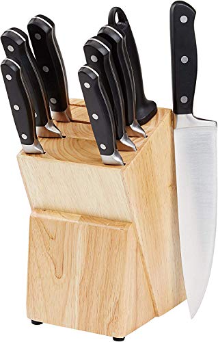 Amazon Basics 9-Piece Premium Kitchen Knife Block Set, High-Carbon Stainless-Steel Blades with Pine Wood Knife Block