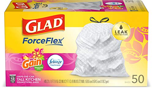 Glad ForceFlex Tall Kitchen Drawstring Trash Bags – 13 Gallon White Trash Bag, Gain Island Fresh scent with Febreze Freshness – 50 Count (Package may vary)