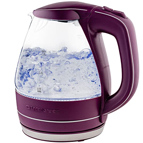 Ovente Glass Electric Kettle, 1.5 Liter BPA Free Borosilicate Glass Fast Boiling Countertop Heater with Automatic Shut Off & Boil Dry Protection, Hot water Boiler for Tea & Coffee, Purple KG83P