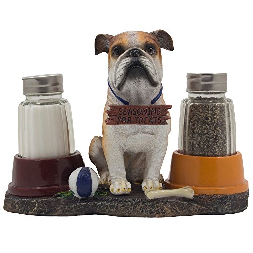 Decorative Bulldog Puppy Salt & Pepper Shaker Set with Dog Food Bowls on Display Stand Holder for Pet Figurine Kitchen Decor Table Centerpieces or Spice Racks As Collectible Gifts for Dog Owners