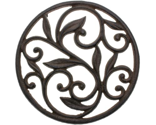 Cast Iron Trivet – Round with Vintage Pattern – Decorative Cast Iron Trivet For Kitchen Or Dining Table – 7.7″ Diameter – Rust Brown Color – With Rubber Pegs by Comfify
