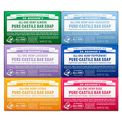 Dr. Bronner’s – Pure-Castile Bar Soap (5 Ounce Variety Gift Pack) Almond, Unscented, Lavender, Peppermint, Citrus, Rose – Made with Organic Oils, For Face, Body and Hair, Gentle and Moisturizing