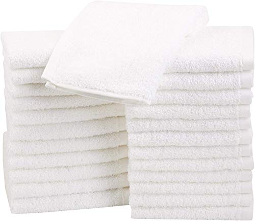 Amazon Basics Fast Drying, Extra Absorbent, Terry Cotton Washcloths – Pack of 24, White, 12 x 12-Inch