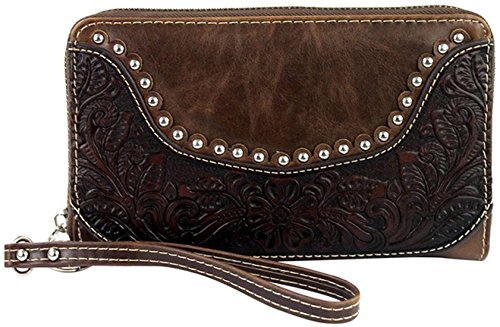Montana West Ladies Wristlet Wallet 2-in-1 Western Tooled Genuine Leather Zippered Enclosure Coffee