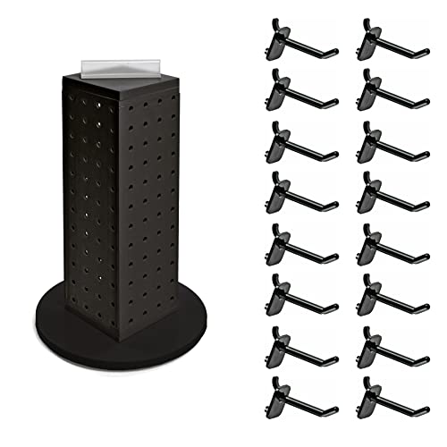 Azar Displays 700220-BLK-2B16 Four-Sided 4”W x 12” Revolving Pegboard Tower Kit Counter Display with 16-Pack of 2 inch Locking Hooks, Black