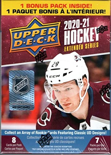 2020-21 NHL Upper Deck Hockey Extended Series Factory Sealed Blaster Box 56 Cards 7 Packs of 8 Cards per Pack. Look for Young Guns and Canvas cards of this great Rookie Class featuring Kirill Kaprizov Bonus 3 Cards of your favorite team if you message req