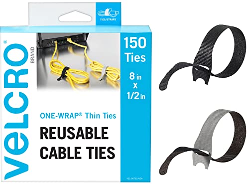 VELCRO Brand 150pk Cable Ties Value Pack | Replace Zip Ties with Reusable Straps, Reduce Waste | For Wire Management and Cord Organizer | 8 x 1/2″ Thin Pre-Cut Design, Black and Gray