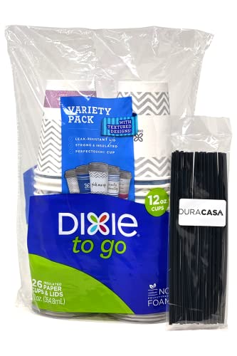 Duracasa Straws and Dixie To Go Perfectouch Paper Cups and Lids Combo Pack of 26 Count, 12 ounce, Hot Beverage Cups & Lids, Assorted Designs, Disposable Paper Coffee Cups & Lids (26 Ct. , 12 Ounce)