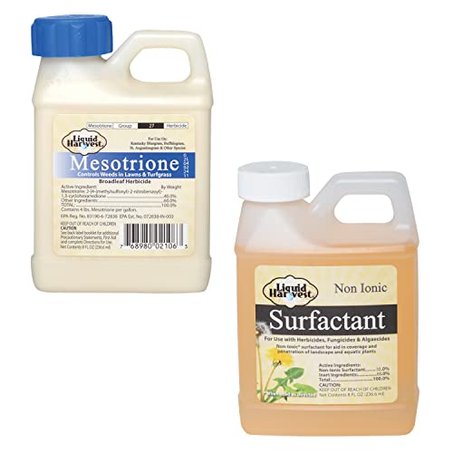Liquid Harvest Surfactant 8 oz and Mesotrione 8 oz Bundle for Effective Lawn & Turf Grass Weed Control