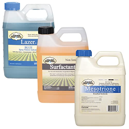 Liquid Harvest Lazer Blue Spray Pattern Indicator 32 oz, Surfactant 32 oz, and Mesotrione 32 oz Bundle for Effective Weed Control