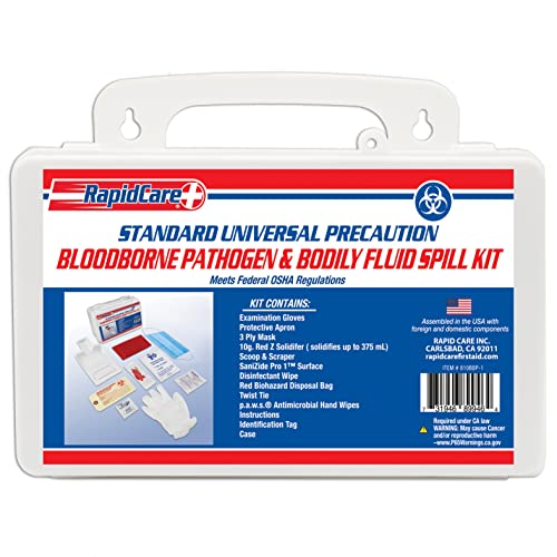 Rapid Care First Aid 810BBP-1 Standard Bloodborne Pathogen & Bodily Fluid Spill Clean Up Kit, OSHA Compliant, Wall Mountable, 8.75″ x 5.75″ x 3″,Red, White & Blue