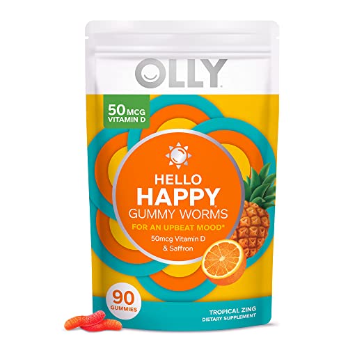 OLLY Hello Happy Gummy Worms, Mood Balance Support, Vitamin D, Saffron, Adult Chewable Supplement, Tropical Zing – 90 Count