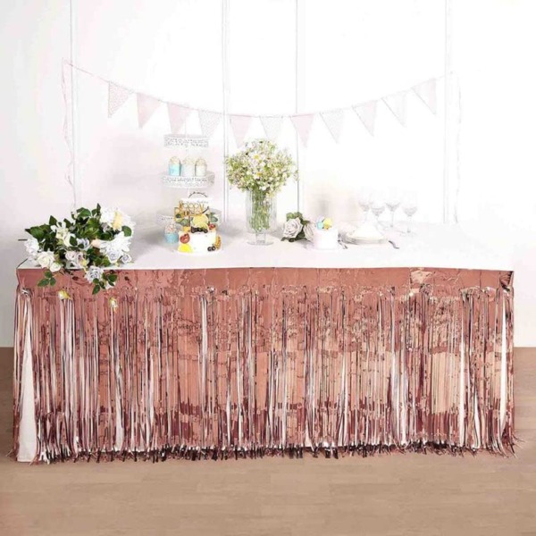 TABLECLOTHSFACTORY 30″ x9FT Metallic Foil Fringe Table Skirt, Self Adhesive Party Table Skirt – Blush | Rose Gold