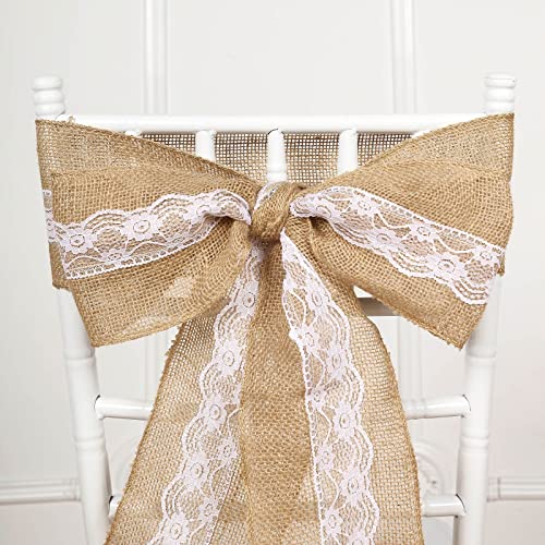 TABLECLOTHSFACTORY 5″x108″ | Natural Burlap with Lace Chair Sash, Hessian Fabric Rustic Jute Chair Sash, Chair Bow