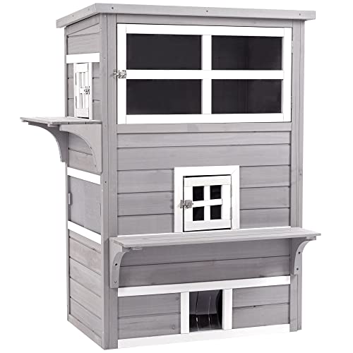 PawHut 3-Story Cat House Feral Cat Shelter, Outdoor Kitten Condo with Raised Floor, Asphalt Roof, Escape Doors, Jumping Platforms, Grey