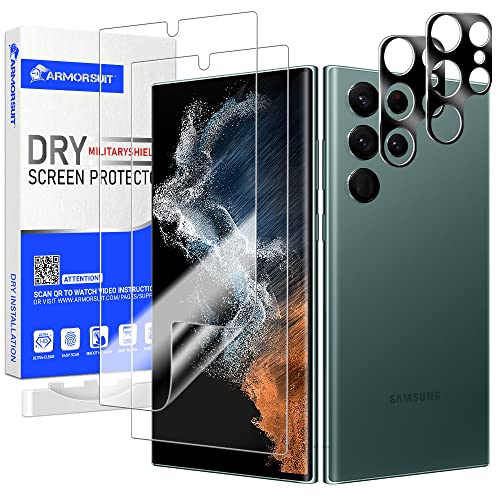 Armor Suit [2+2 Pack] DRY-Militaryshield for Samsung Galaxy S22 Ultra Screen Protector (Not Glass) + Camera Lens Tempered Glass Protector, Support Fingerprint Sensor (Dry Installation)