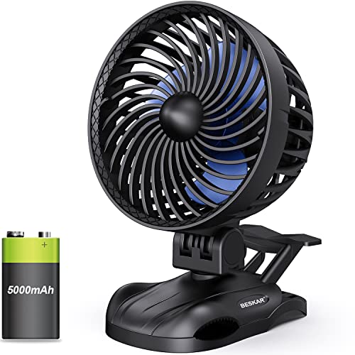 BESKAR 6 inch Clip on Fan – 5000mAh Battery Rechargeable with CVT Speeds and Strong Airflow, Head Adjustable, Small Desk Fan Personal Quiet Fan for Office Stroller Outdoor