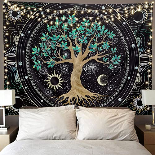 Aesthetic Tree of Life Tapestry Trippy Tapestry Colorful Wall Tapestry Hippie Sun Moon Star Galaxy Space Tapestries Forest Wall Hanging Decor Vibrant Nature Home Decoration for Bedroom,Living Room,Dorm