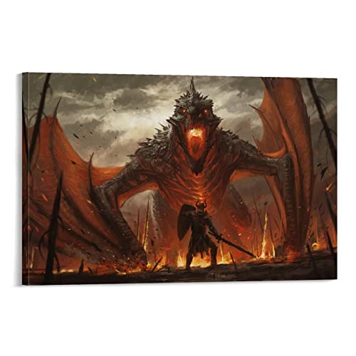 ZHHELI The Great Dragon Dragon Slayers Knight Sword and Shield Canvas Art Poster and Wall Art Picture Print Modern Family Bedroom Decor Posters 08x12inch(20x30cm)