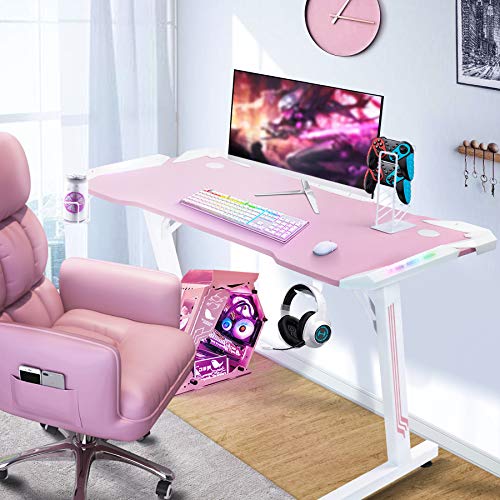 Oryxearth Pink Gaming Desk with LED Lights, 41″ Z Shaped RGB Home Gaming Computer Desk Table, Ergonomic PC Workstation with Remote Control, Cup Holder, Handle Rack, Headphone Hook for Office Use