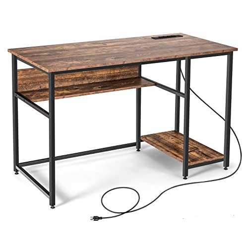 Tangkula 48 Inch Computer Desk with Power Outlet & USB Ports, Home Office PC Workstation with Storage Shelf, Stable Metal Frame, Vintage Writing Desk for Living Room, Office (Rustic Brown)