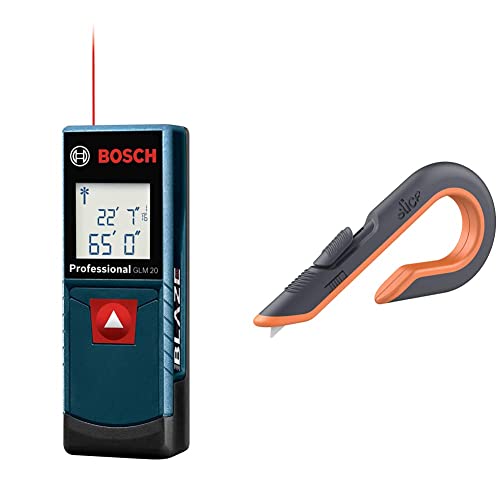 BOSCH GLM20 Blaze 65ft Laser Distance Measure with Real Time Measuring & Slice 10400 Box Cutter, 3 Position Manual Button with Ceramic Blade