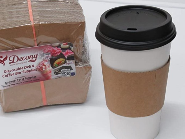 Decony Disposable Coffee Cups With Lids , Sleeves 16 oz. White Paper Coffee Cups with Black Dome Lids travel To Go Cups – 100 sets