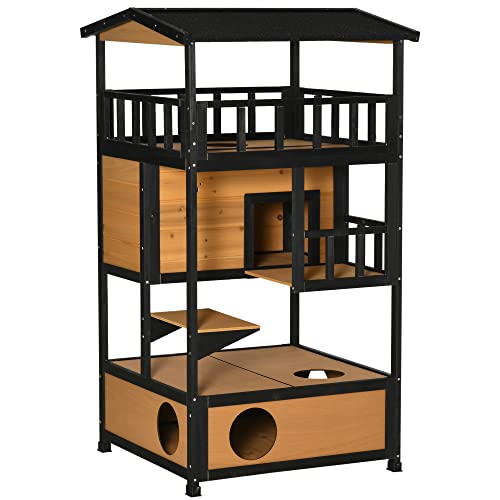 PawHut Wooden Outdoor Cat House, Feral Cat Shelter Kitten Tree with Asphalt Roof, Escape Doors, Condo, Jumping Platform, Yellow