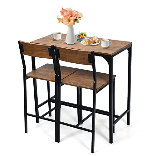 COSTWAY 3 Pieces Bar Table Set, Pub Table Set W/Heavy Duty Steel Frame, Modern Industrial-Style Table & Chair Set for Kitchen, Dining Room, Breakfast Nook, Bistro, Easy Assembly