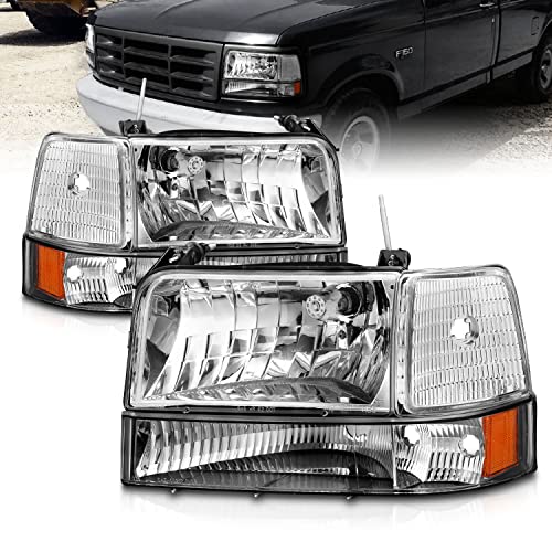AmeriLite for 1992-1996 Ford F150 F250 F350 Bronco Truck Chrome Replacement Headlight Assembly w/ Bumper Corner Lamp Set – Driver and Passenger Side