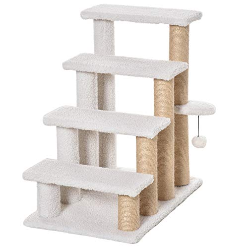 PawHut 4 Levels Cat Steps, Pet Stairs Carpeted Ladder, Kitten Tree Climber with Scratching Posts, Hanging Play Ball, Side Step, for High Bed, Sofa, White