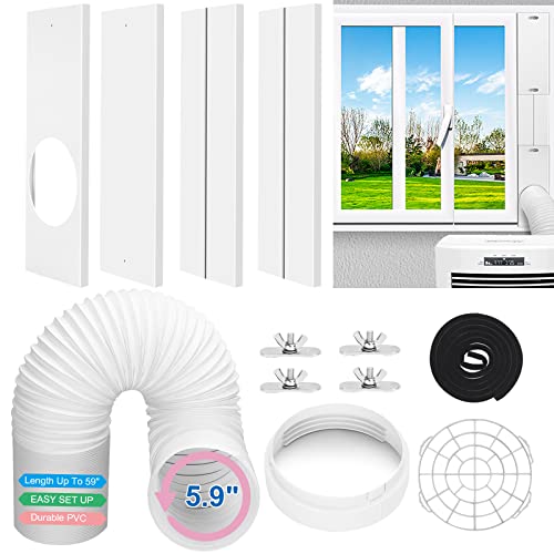 Portable Air Conditioner Window Kit with Hose Adjustable Window Seal kit Plate for AC Unit, Portable AC Window Vent Kit PVC Seal for Sliding Window Door, AC Window Kit with 5.9″ Anti-Clockwise Hose