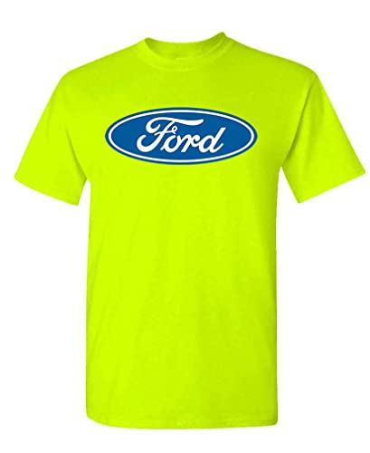 Ford Logo – Built Tough Blue Oval Stamp Emblem – Unisex T-Shirt (Small, Safety Green)