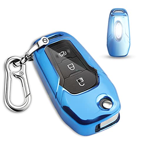QBUC for Ford Key fob Cover,TPU Key Case Protector Compatible with 2015 2016 2017 2018 2019 Ford F150 F250,Focus 3 Escort Kuga Everest Fiesta Mustang Edge MKV Fusion 2016 Ranger flip Remote Key,Blue