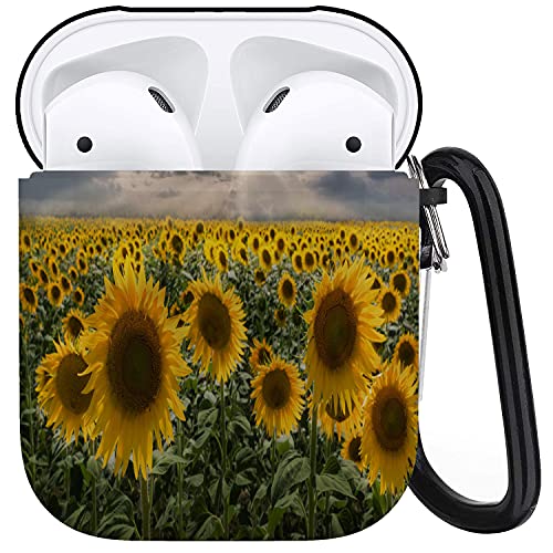 Airpods Case Protective Cover Flower Blossom Field Sunflowers Sunbeams Rural Petals Sunset Sky Ray Nature Sun TPU Hard Protective Cover Airpods 1&2 Cover with Key Chain