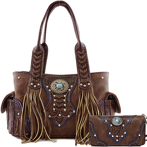 Cowgirl Trendy Western Style Concealed Carry Country Fringe Purse Handbag Shoulder Bag Wallet Set Brown