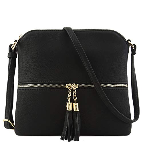 DELUXITY Lightweight Medium Crossbody Bag with Tassel Black