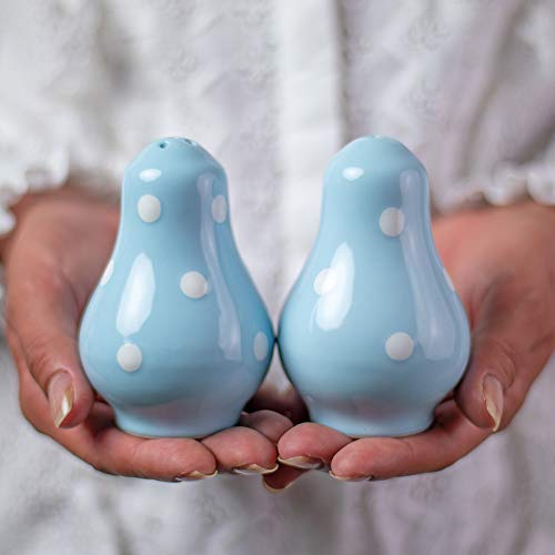 Handmade Light Sky Blue and White Polka Dot Ceramic Salt and Pepper Pots, Shakers, Cruet Set, Holder, Housewarming Gift by City to Cottage®