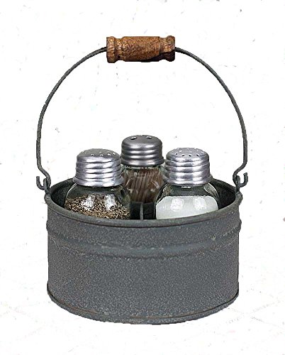 CTW Home Collection Primitive Industrial Galvanized Bucket Mason JAR Salt Pepper & Tooth Pick Caddy