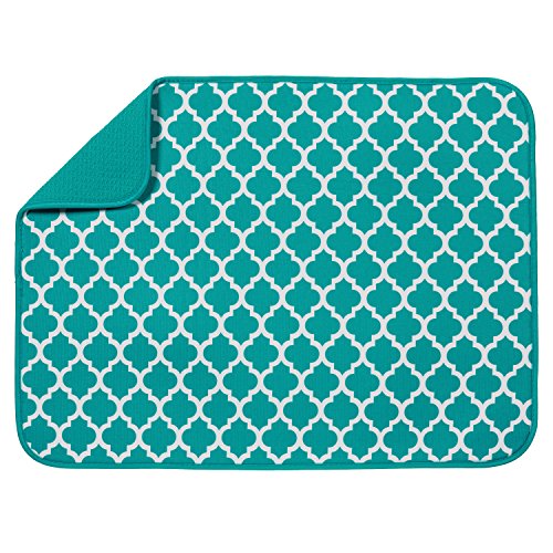 S&T INC. Absorbent, Reversible XL Microfiber Dish Drying Mat for Kitchen, 18 Inch x 24 Inch, Teal Trellis