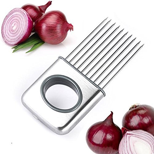 JJMG NEW Onions Tomato Cutting Fork Tool Stainless Steel Kitchen Onion Plug Cucumber Vegetable Slicer Comb – Easy Convenient Keeps Hands Away from Injury & Food Odor
