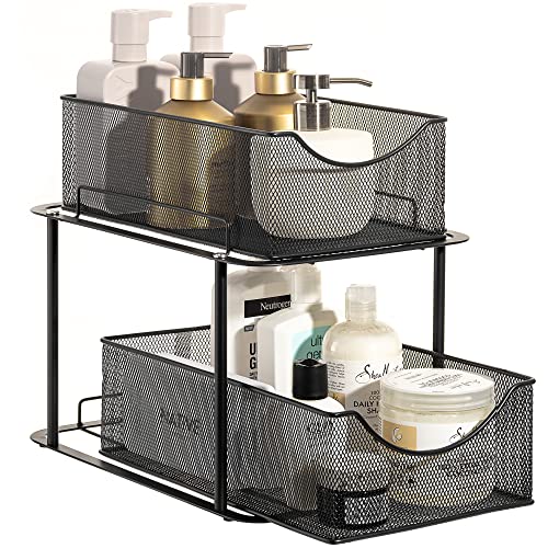 Sorbus 2 Tier Under the Sink Organizer Baskets with Mesh Sliding Drawers —Ideal for Cabinet, Countertop, Pantry, and Desktop, for Bathroom, Kitchen, Office, etc.—Made of Steel (Black)